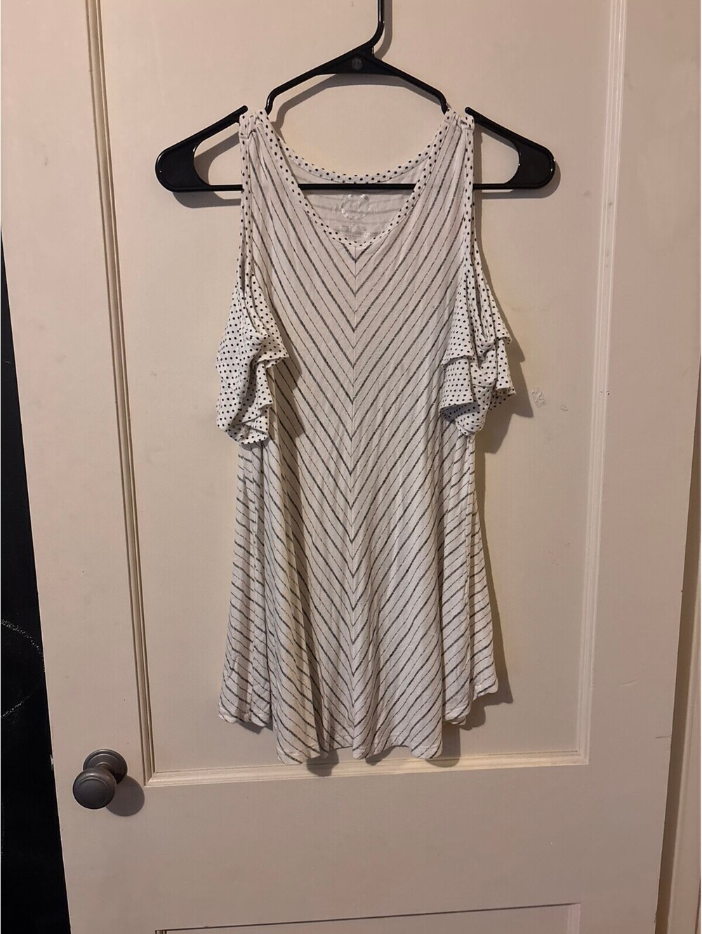 Maurices White Cold Shoulder Top with Stripes and Polka Dot Ruffle Sleeves